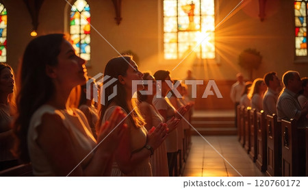 Congregants attend a worship service in a warmly lit church 120760172