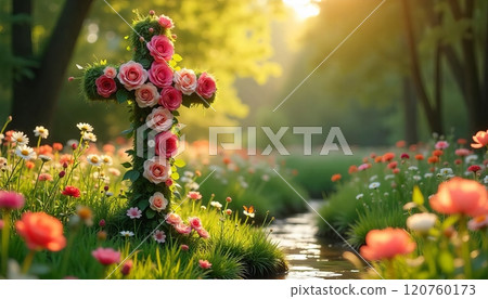 Floral Cross in a Peaceful Garden, Representing Resurrection, Life, and Spiritual Renewal 120760173