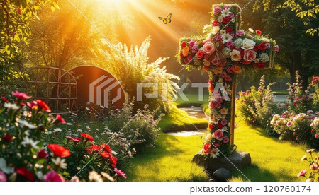 Floral Cross in a Peaceful Garden, Representing Resurrection, Life, and Spiritual Renewal Floral Cross in a Peaceful Garden, Representing Resurrection, Life, and Spiritual Renewal 120760174