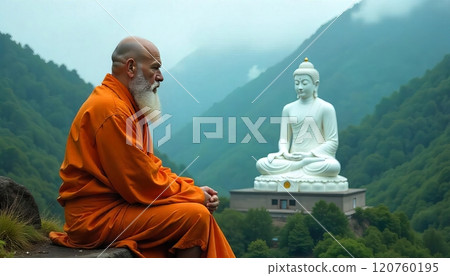 Monk meditates before large Buddha statue in misty mountains Monk meditates before large Buddha statue in misty mountains 120760195