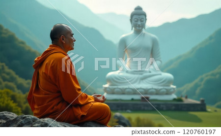 Monk meditates before large Buddha statue in misty mountains Monk meditates before large Buddha statue in misty mountains 120760197
