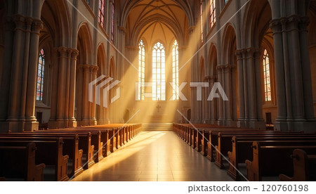Sunbeams illuminate a grand cathedral interior Sunbeams illuminate a grand cathedral interior 120760198