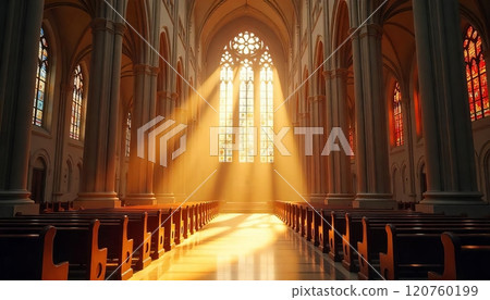 Sunbeams illuminate a grand cathedral interior Sunbeams illuminate a grand cathedral interior 120760199