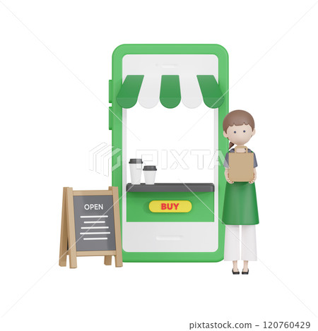 3DCG | A young Japanese female waiter working at a cafe that offers online ordering, delivery and takeout 120760429