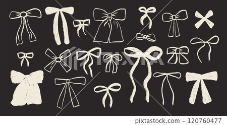 Crayon drawing bows set. Coquette ribbons collection for gift decoration. Marker style white bowknots pack isolated on black background. Vector illustration. 120760477
