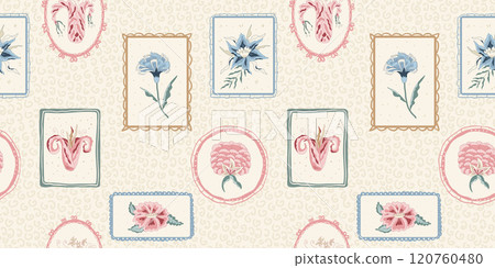 Farmhouse modern flower in retro vintage geometric frame endless background. Floral repeat cover with wildflower motif. Indian chintz seamless pattern. Vector hand drawn illustration. Farmhouse modern flower in retro vintage geometric frame endless background. Floral repeat cover with wildflower motif. Indian chintz seamless pattern. Vector hand drawn illustration. 120760480