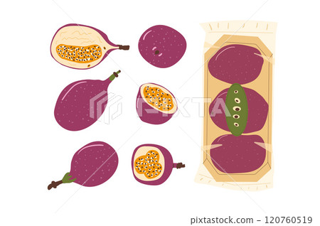 Passion fruits set. Vector exotic sweet food collection. Slice, whole and packed passionfruits. Hand drawn flat collection illustration isolated on white background. Passion fruits set. Vector exotic sweet food collection. Slice, whole and packed passionfruits. Hand drawn flat collection illustration isolated on white background. 120760519