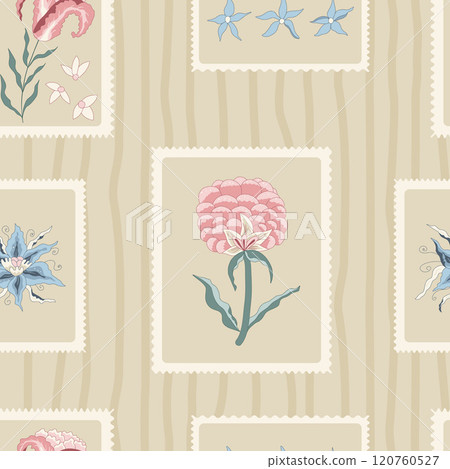 Plumeria and peony seamless pattern. Floral rustic repeat background cover. Surface pattern design flower in frame motif. Vector hand drawn illustration. 120760527