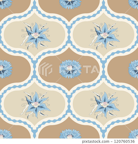 Indian chintz ogee seamless pattern. Modern flower damask endless background. Floral repeat farmhouse continuous ornament. Surface pattern digital textile. Vector classic design wildflower motif. 120760536