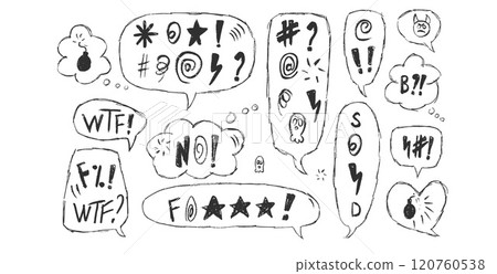 Speech bubbles with swear words set. Curse crayon doodle text. Bad bulling expression on chat dialog boxes. Aggressive swearwords isolated on white background. Vector outline hand drawn illustration 120760538