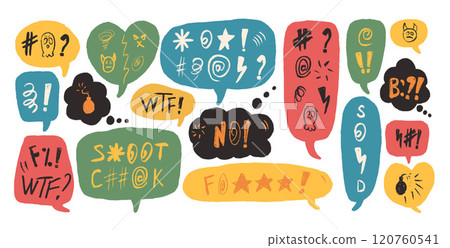 Speech bubbles with swear words. Curse colorful crayon drawing doodle text. Bad emotion expression on chat dialog boxes. Aggressive hate signs isolated on white background. Vector illustration 120760541