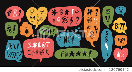 Speech bubbles with hate swear words. Crayon doodle text. Bad bulling expression on chat dialog boxes. Aggressive social media swearwords isolated on white background. Vector hand drawn illustration 120760542