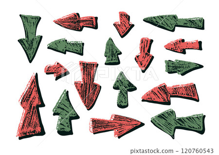 Arrow set crayon drawing. Neo brutalist doodle style. Pointers for collage isolated on white background. Vector hand drawn illustration 120760543