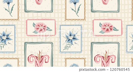 Indian chintz plaid seamless pattern. Farmhouse Modern flower in retro vintage frame endless background. Floral repeat cover with wildflower motif. Vector hand drawn illustration. 120760545