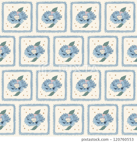 Indian chintz seamless pattern. Modern flowerhead flower in square frames endless background. Floral repeat cover. Farmhouse continuous ornament. Vector hand drawn illustration. Indian chintz seamless pattern. Modern flowerhead flower in square frames endless background. Floral repeat cover. Farmhouse continuous ornament. Vector hand drawn illustration. 120760553