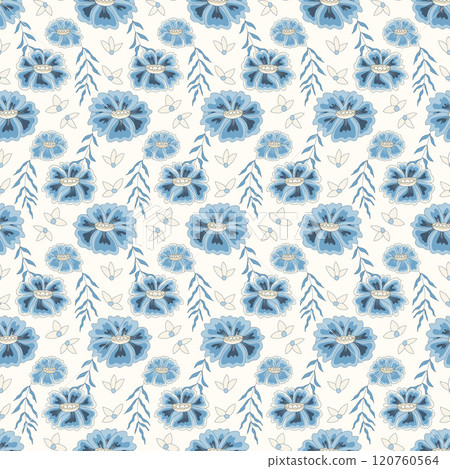 Chinoiserie floral seamless pattern. Flowers repeat background cover. Chintz magnolia, camellia surface pattern design modern wildflowers motif. Vector hand drawn illustration. Chinoiserie floral seamless pattern. Flowers repeat background cover. Chintz magnolia, camellia surface pattern design modern wildflowers motif. Vector hand drawn illustration. 120760564