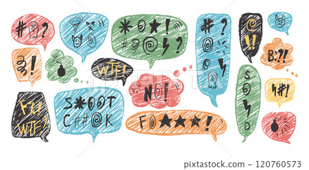 Negative emotion. Colorful speech bubbles with swear words. Curse crayon doodle text. Bad expression on chat dialog boxes. Aggressive swearwords isolated on white background. Vector illustration Negative emotion. Colorful speech bubbles with swear words. Curse crayon doodle text. Bad expression on chat dialog boxes. Aggressive swearwords isolated on white background. Vector illustration 120760573