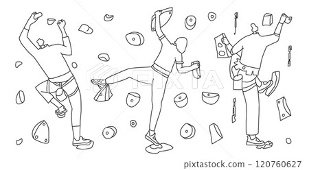 Set of rock climber doodle. Climbing indoor park on wall kit. Vector hand drawn flat collection illustration isolated on white background. 120760627