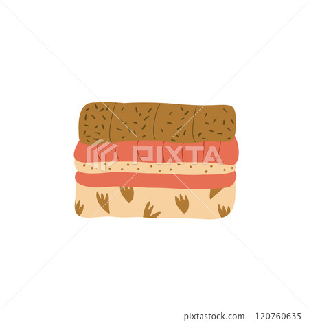 Stack of clothes and cozy blanket isolated on white background. Pile of winter season garments. Vector flat illustration 120760635