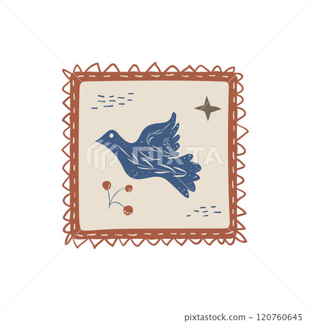 Winter holidays vintage emblem with bird in red frame. Sticker with retro Christmas decoration. Vector hand drawn flat illustration. Winter holidays vintage emblem with bird in red frame. Sticker with retro Christmas decoration. Vector hand drawn flat illustration. 120760645