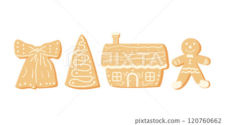 Christmas gingerbread cookies set. Bow, Christmas tree and gingerbread man with house sweets collection. Festive decorated baking collection. Vector flat illustration isolated on white background. Christmas gingerbread cookies set. Bow, Christmas tree and gingerbread man with house sweets collection. Festive decorated baking collection. Vector flat illustration isolated on white background. 120760662