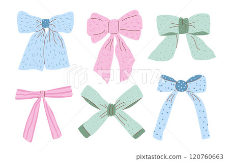 Bow preppy pastel coquette set. Vector y2k ribbons collection. Hairstyle accessories illustration isolated on white background. Bow preppy pastel coquette set. Vector y2k ribbons collection. Hairstyle accessories illustration isolated on white background. 120760663