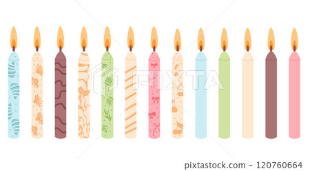Birthday candles set. Vector flat illustration collection isolated on white background. Flamed candles pack. Birthday candles set. Vector flat illustration collection isolated on white background. Flamed candles pack. 120760664
