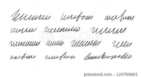 Handwritten ink stroke. Scribble fictional letter. Abstract freehand text note isolated on white background. Illegible cursive script message. Vector hand drawn illustration. Handwritten ink stroke. Scribble fictional letter. Abstract freehand text note isolated on white background. Illegible cursive script message. Vector hand drawn illustration. 120760665