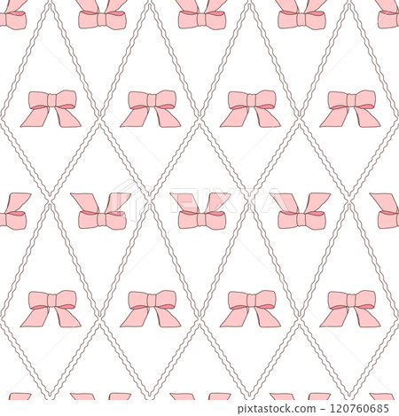 Pink bows geometric seamless pattern. Decorative band rhombus endless background. Vector hand drawn doodle illustration. 120760685