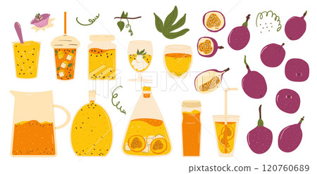 Passion fruits drinks and dessert set. Vector exotic sweet food and juice collection. Hand drawn flat collection illustration isolated on white background. 120760689