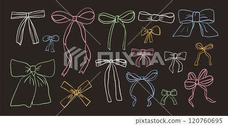 Colorful crayon bow set. Chalk drawing bowknots on dark background. Coquette ribbons collection for holiday decoration. Doodle style beauty accessories. Vector minimal illustration. Colorful crayon bow set. Chalk drawing bowknots on dark background. Coquette ribbons collection for holiday decoration. Doodle style beauty accessories. Vector minimal illustration. 120760695