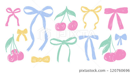 Crayon bow. Coquette ribbons in colorful pastel style. Pencils drawing cherry and bowknots collection for gift decoration. Vector illustration. Crayon bow. Coquette ribbons in colorful pastel style. Pencils drawing cherry and bowknots collection for gift decoration. Vector illustration. 120760696