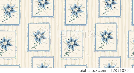 Indian chintz seamless pattern. Modern flower in frames with striped endless background. Floral repeat cover. Farmhouse continuous ornament. Surface pattern digital textile design wildflower motif. Indian chintz seamless pattern. Modern flower in frames with striped endless background. Floral repeat cover. Farmhouse continuous ornament. Surface pattern digital textile design wildflower motif. 120760701