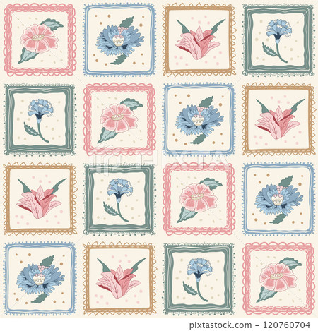 Indian chintz patchwork seamless pattern. Modern various flower in square vintage frames endless background. Floral repeat cover. Farmhouse ornament with wildflower motif. Vector hand drawn 120760704