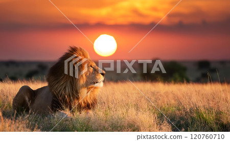 Lion watching the summer dawn 120760710