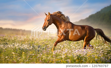 一匹馬馳騁在夏日野花盛開的草地上 一匹馬馳騁在夏日野花盛開的草地上 120760787