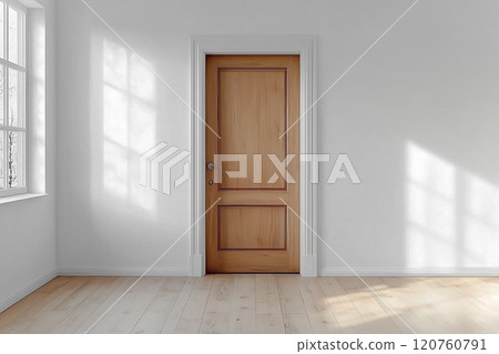 White wall_wooden door_wooden flooring_window_room in newly built house 120760791