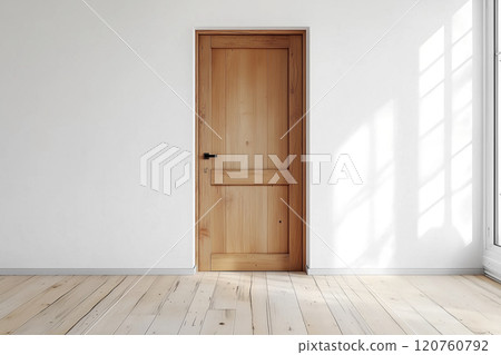 A minimalist room with white walls, a wooden door and flooring A minimalist room with white walls, a wooden door and flooring 120760792