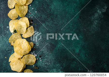 Crispy salty homemade potato chips 120760854