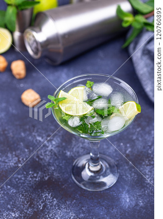 Martini cocktail with lime and mint. Martini cocktail with lime and mint. 120760895