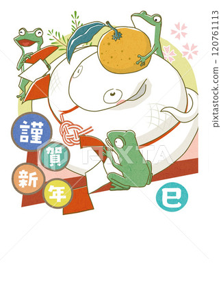 新年賀卡設計青蛙扮演蛇作為 Kagami-mochi 2025 年蛇年新年賀卡模板 120761113
