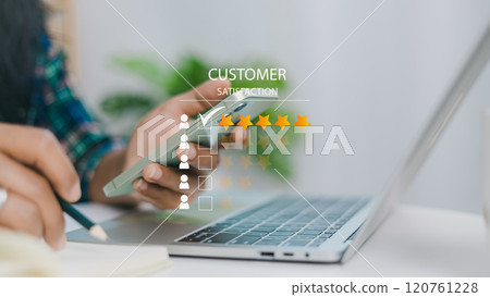 Businesswoman giving rating with 5 star, Customer service and Satisfaction, Woman giving Feedback via Internet. Positive Review. Client Satisfaction Surveys, Customer can evaluate quality of service. 120761228