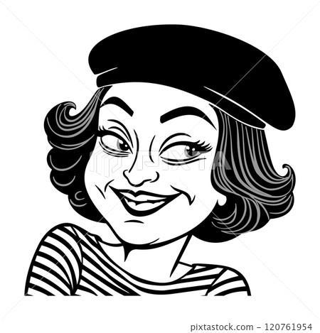 Funny smiling woman in beret and striped top. Black and white vector isolated illustration Funny smiling woman in beret and striped top. Black and white vector isolated illustration 120761954