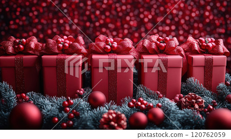 Merry Christmas, Happy New Year, craft red gift box, red background. Flat lay, copy space, banner Merry Christmas, Happy New Year, craft red gift box, red background. Flat lay, copy space, banner 120762059