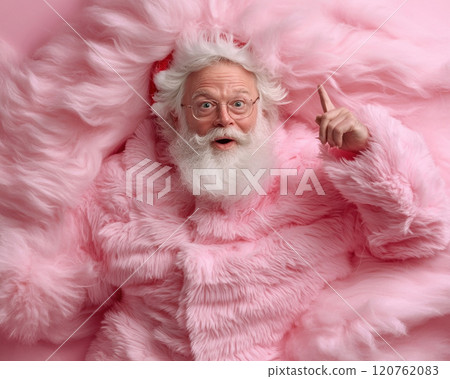 Santa Claus jumping in fur suit pink background. Christmas shopping, sale, discount, banner, poster 120762083