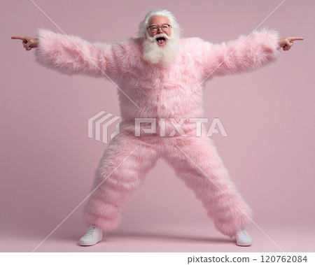 Santa Claus jumping in fur suit pink background. Christmas shopping, sale, discount, banner, poster 120762084