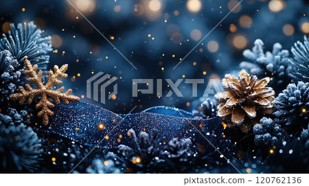 Merry Christmas, New Year. Glitter blue yellow background golden Christmas snowflakes close up. 120762136