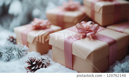 Merry Christmas, New Year, cardboard gift boxes pink ribbon bow celebration, copy space, banner 120762148