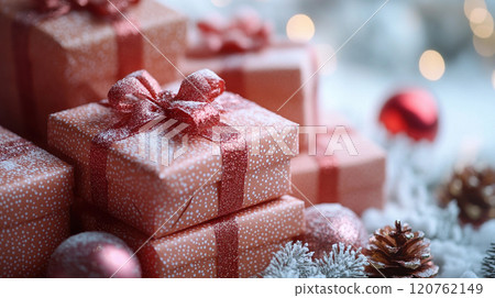 Merry Christmas, New Year, cardboard gift boxes pink ribbon bow celebration, copy space, banner 120762149