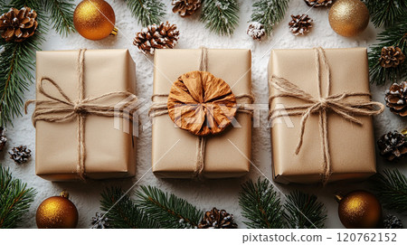 Merry Christmas New Year, cardboard gift boxes natural ribbon bow celebration, copy space, pine cone 120762152